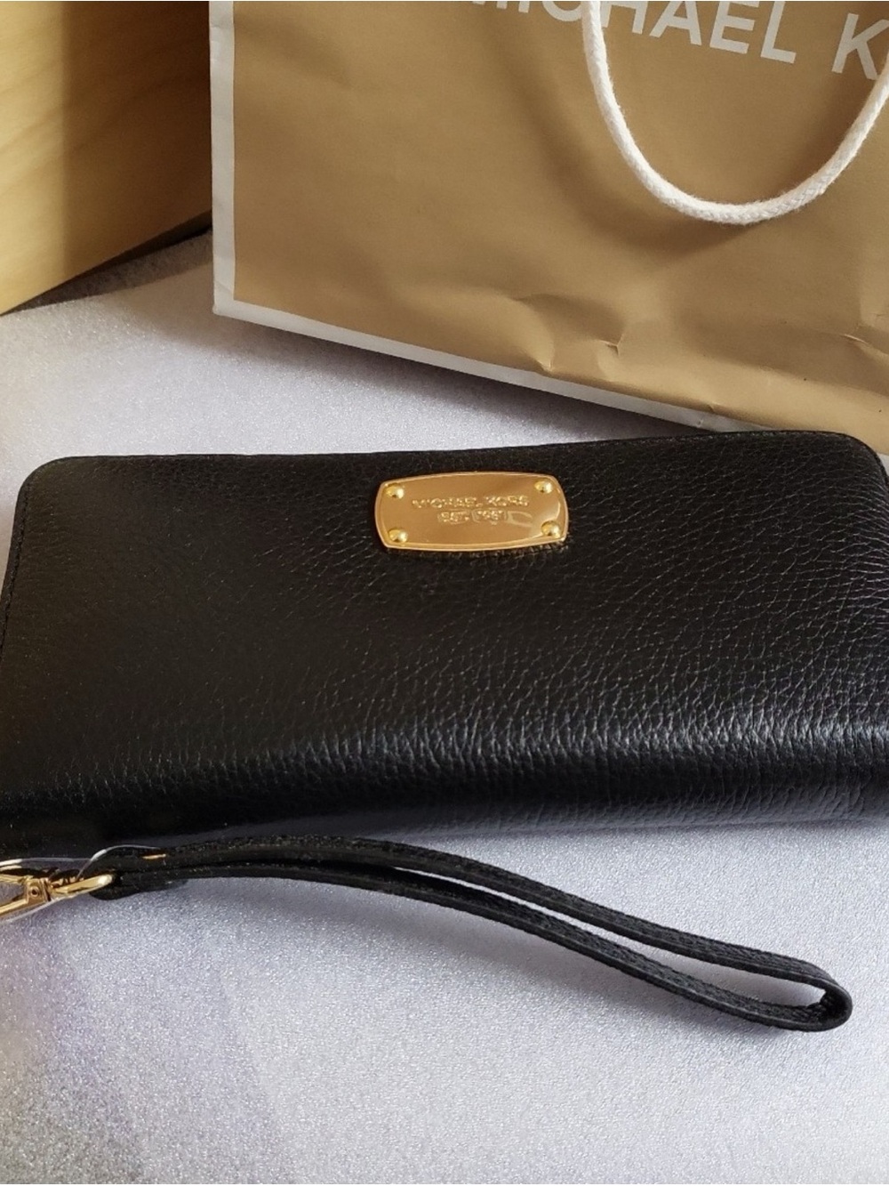 Michael Kors Black Leather Wristlet with Gold Plate